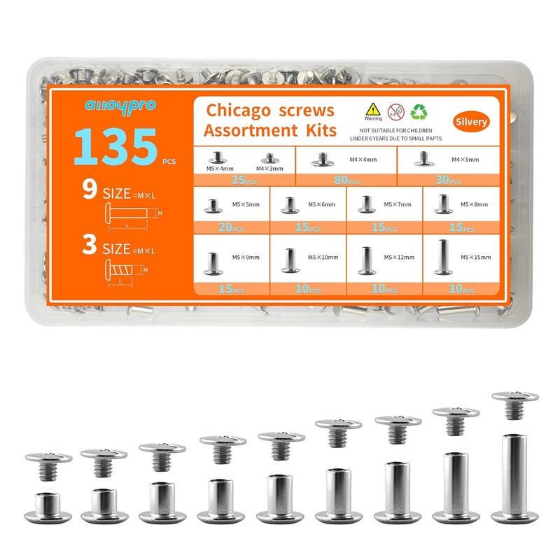 ALLOYPRO 135 Sets Silver Chicago Screws Leather Rivets Kit, 9 Sizes (M5*4,5,6,7,8,9,10,12,15) & 3 Screw Lengths (M4*3,4,5) Chicago Binding Screws, for Leather Craft, Bookbinding - Image 1